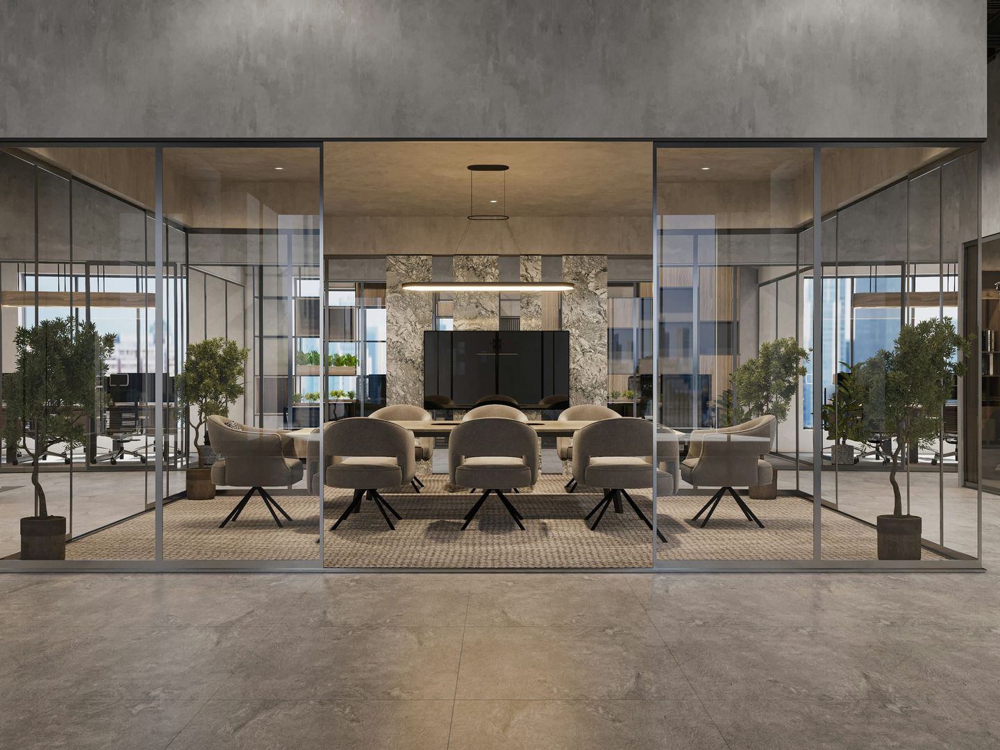 Glass-walled meeting room inside a quiet, luxurious office floor