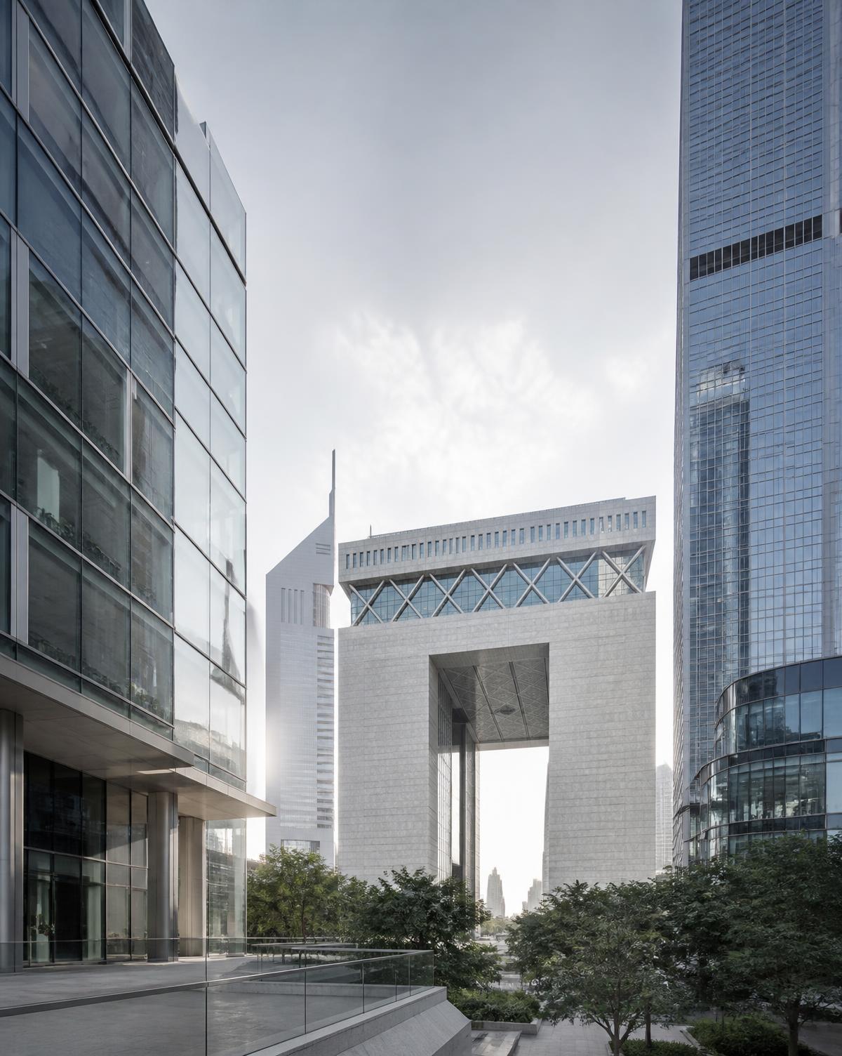 Office towers and the Gate building in Dubai International Financial Centre