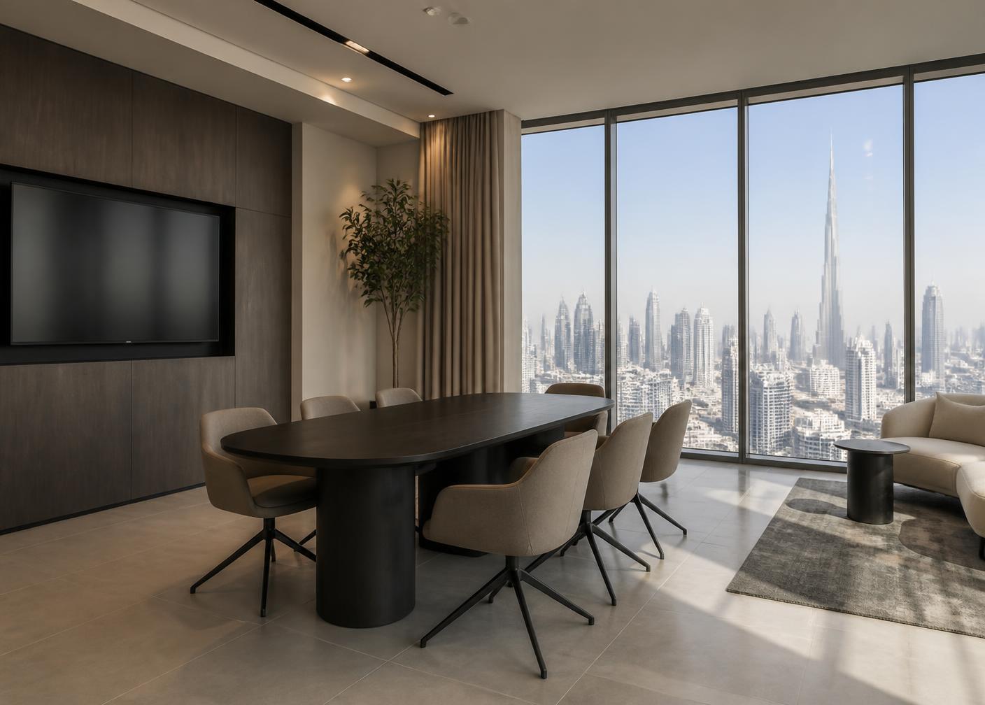 Modern Dubai office meeting room overlooking the city skyline