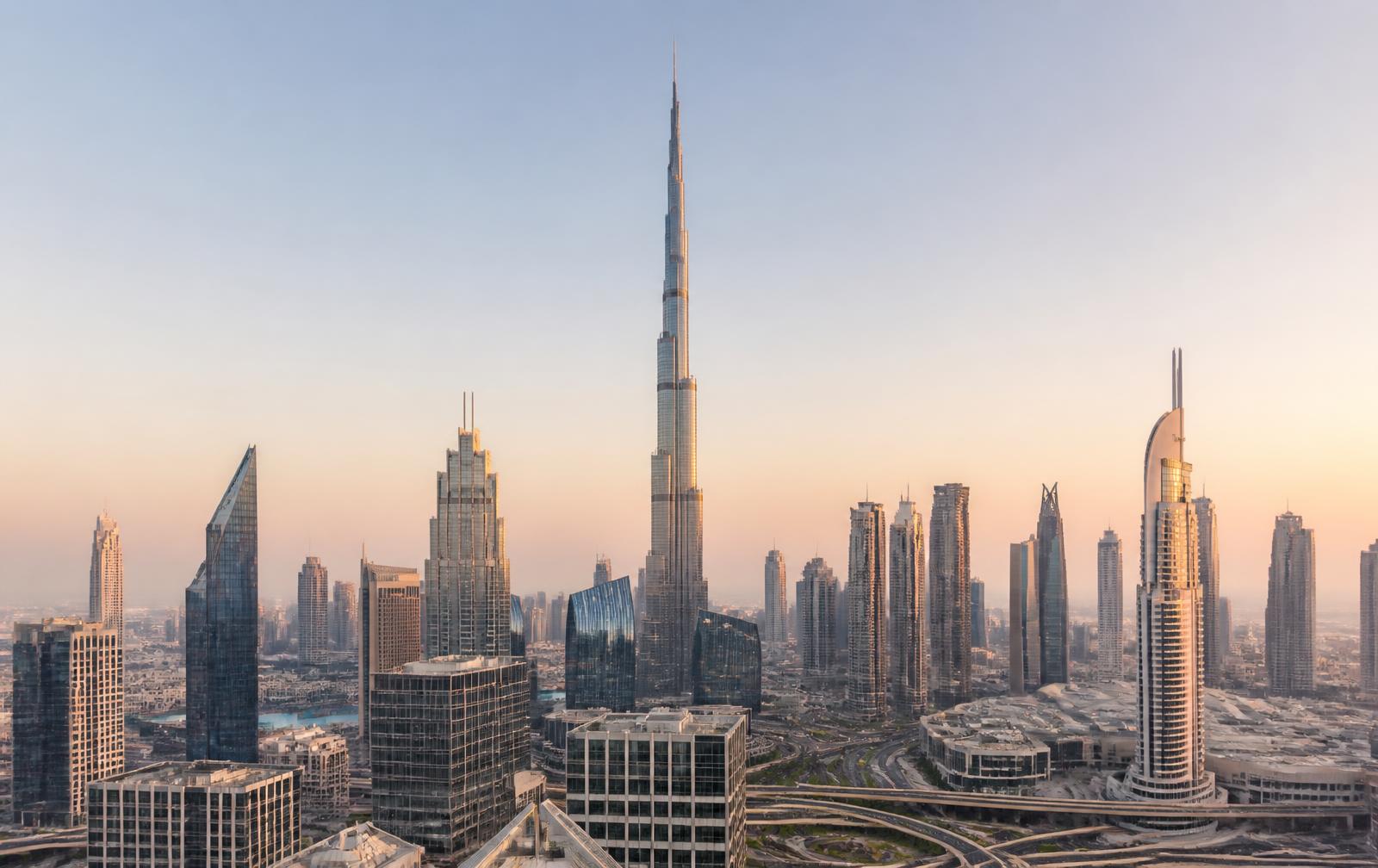 Downtown Dubai skyline with the Burj Khalifa at golden hour